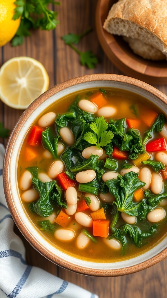A bowl of kale and bean soup with kale, beans, and vegetables, garnished with parsley on a wooden table.
